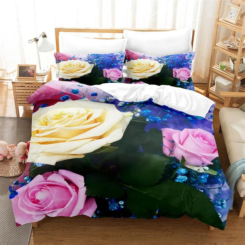 Deluxe Rose Queen Bedding Set Beautiful Flower Duvet Set Romantic Flower Three-Piece Set