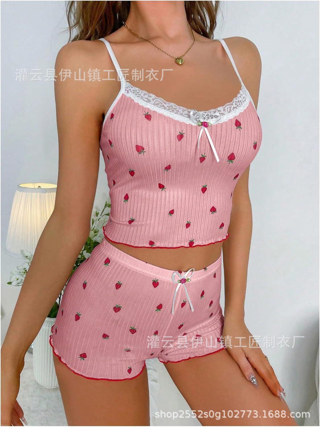 New printed pit strip suspender shorts strawberry print set lace summer women s set loungewear S розовый