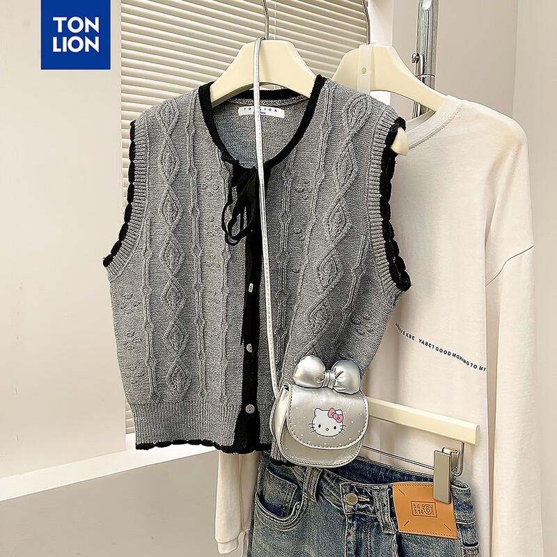 

TonLion Women s Contrast Trim Tie-Neck Cardigan Vest L