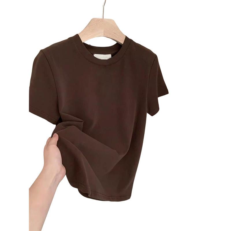 Shoulder Pure Cotton Polished Short-sleeved T-shirt Women's Summer New European Goods, Foreign Style Versatile Solid Color Top Bottoming Shirt