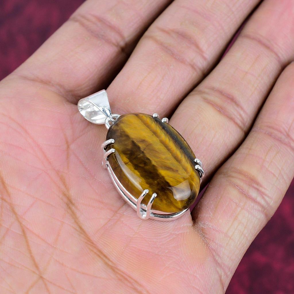 Tiger's Eye 925 Solid Sterling Silver Pendant, Handmade Gemstone Pendant, Gift For Mom Antique Jewelry