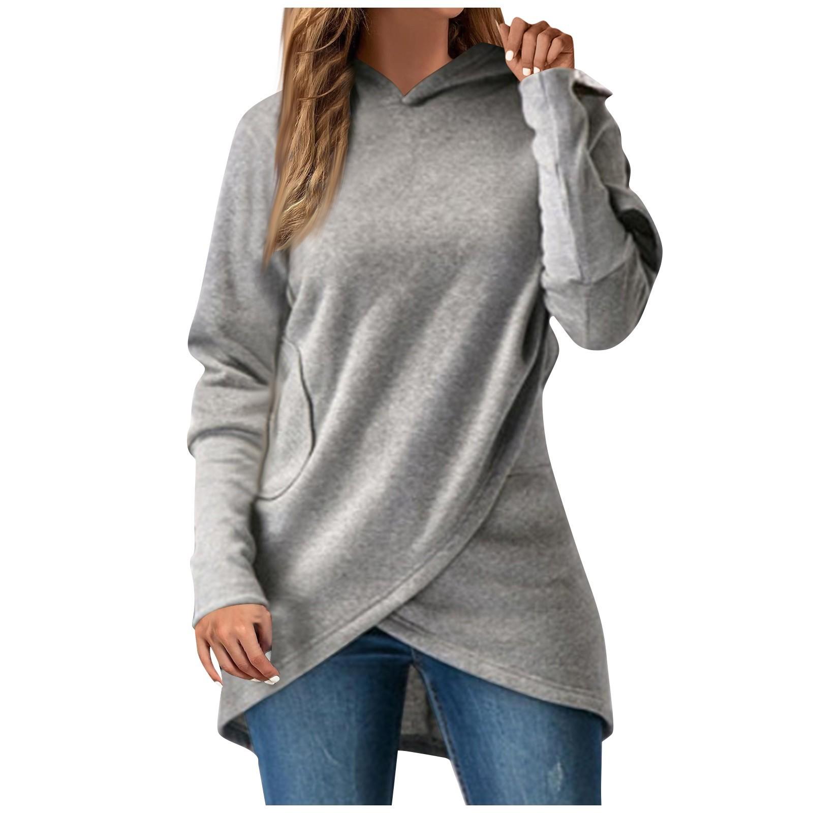 

Женский свитер с длинными рукавами и неровным низом, повседневная толстовка с капюшоном, однотонный топ M