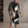 Men Plus Size Colorful Printed Round Neck Short Sleeve T Shirt Drawstring Pocket Shorts Two Piece Set