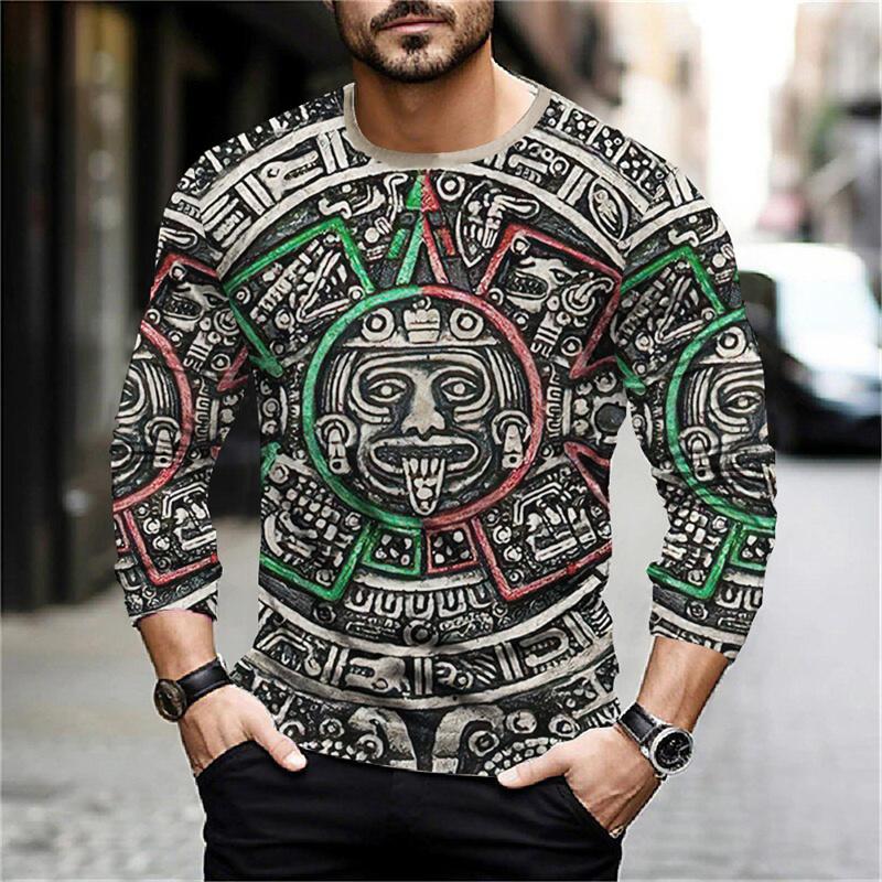 Round Neck 3D Aztec Graphic Printed Casual Long Sleeved Men's T-shirts - Soft Medium Stretch Polyester Fabric Spring and Autumn Relaxed Fit Clothing