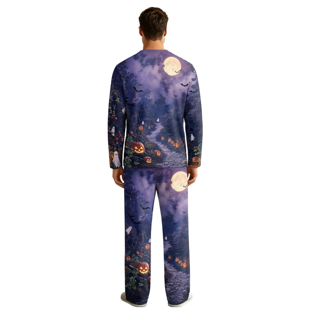 Men's Halloween Pajama Set Long Sleeve with Button Fly and Elastic Waist Drawstring for Sleepwear