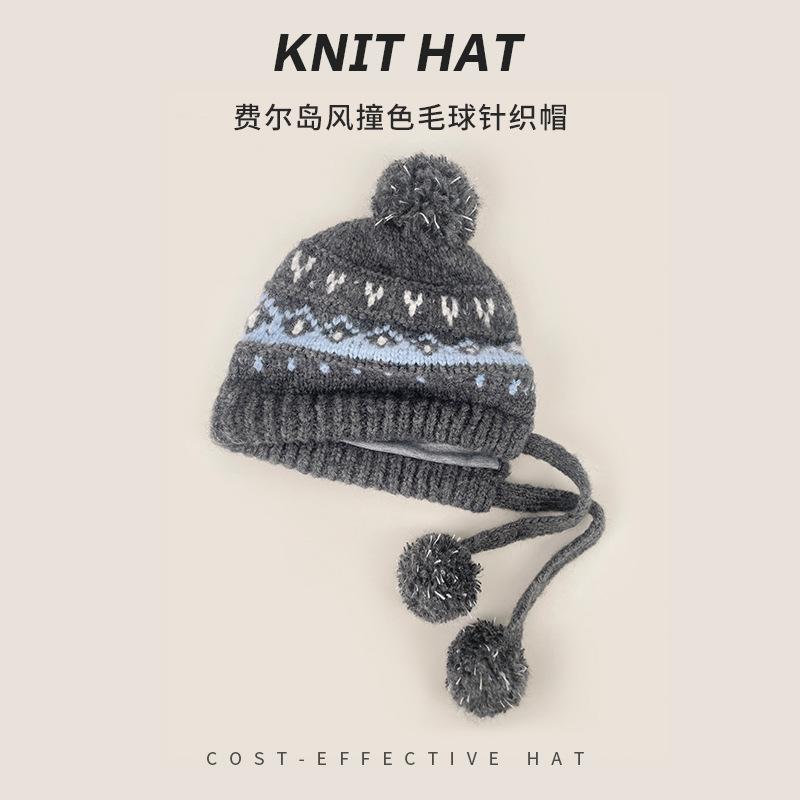 

Fair Isle Knit Hat Women Warm Ear-Covering Knit HatKorean-Style Cold-Weather Wool HatLarge Head Circumference Windproof Knit Hat One Size