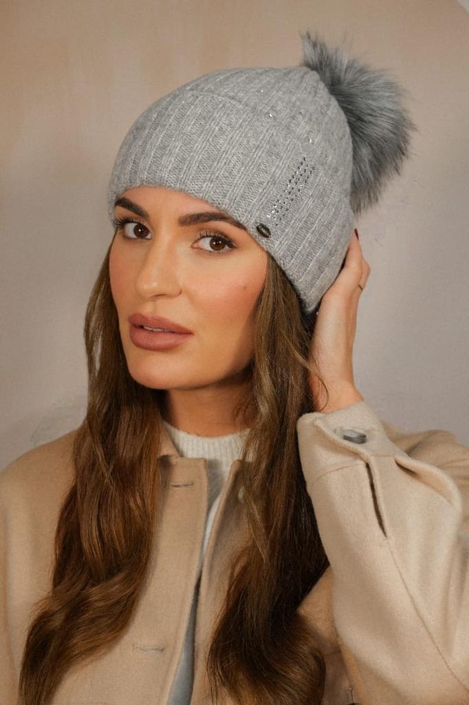 Nila Ribbed Wool Hat with Eco Pompom and Rhinestones, Gray