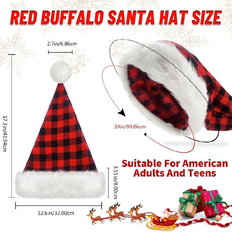 Christmas Theme Party Hat for Adult Furry Plush Trim Santa Caps with Plaids Pattern Festival Costume Noel Hat for Holiday