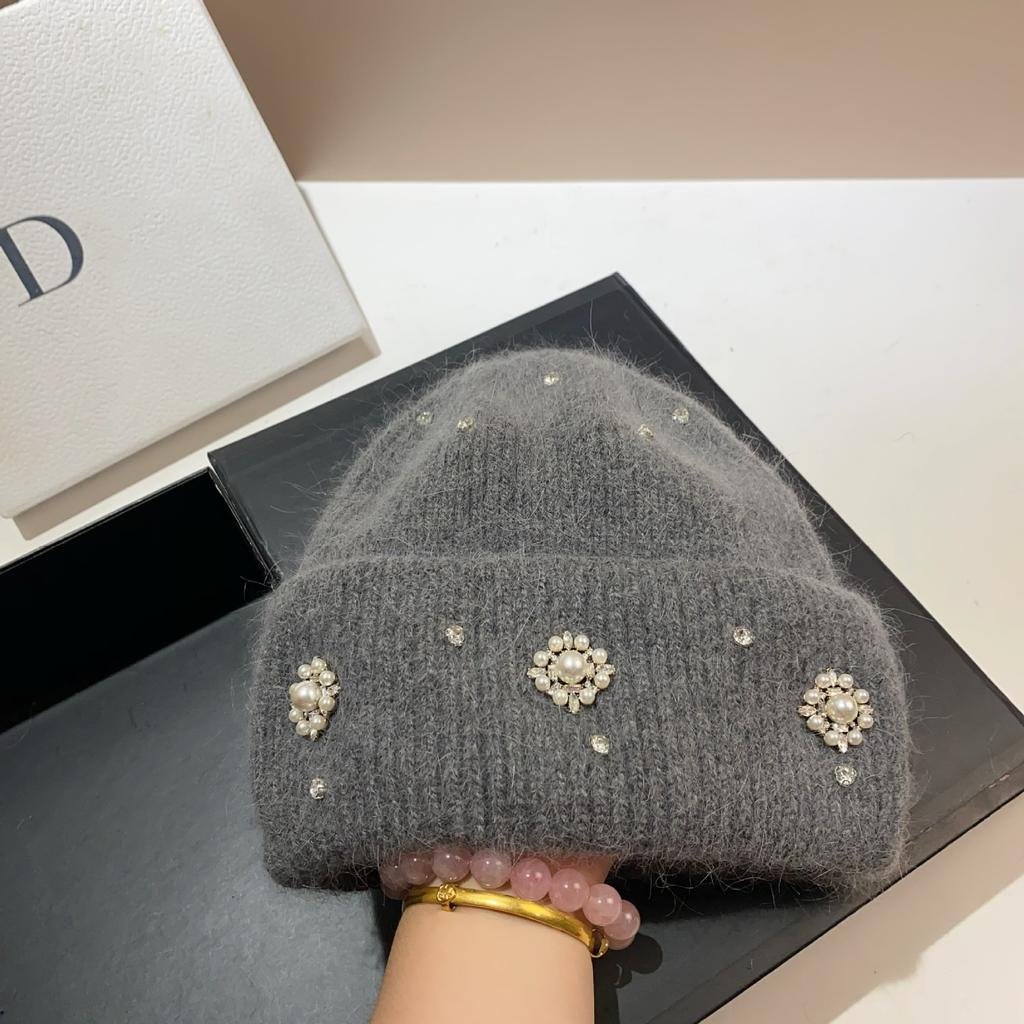 Palace Rhinestone Rabbit Fur Knitted Hat Princess Sweet Celebrity Xiaoxiangfeng Warm Ear Protection Wool Hat