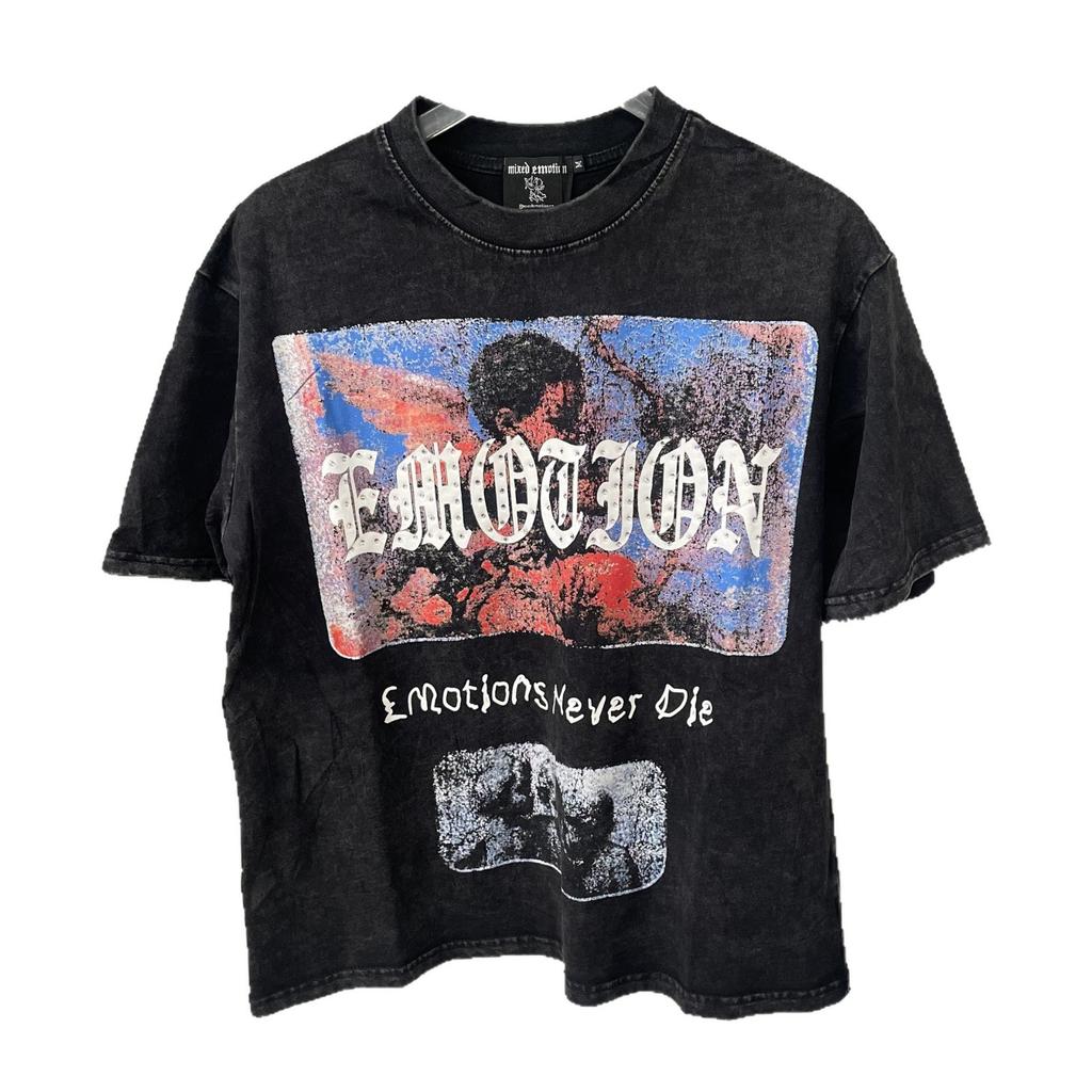 Cross-border beauty tide MIXED EMOTION angel portrait hot diamond short sleeve retro gothic letter heavy pure cotton