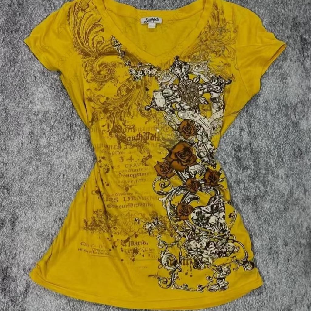 TrendHub Jaune Streetwear Hip Hop Femmes T-shirts Été Corée Punk Été Manches Courtes Vêtements Vintage Y2k Crop Top Esthétique T-shirt