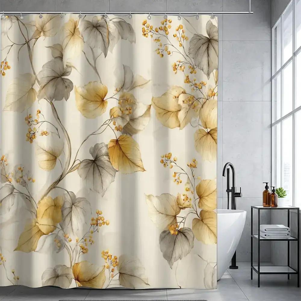

Watercolor-Style Leaf Pattern Shower Curtain, Polyester Fabric, Machine Washable, With Hooks, Suitable For Bathroom Dcor. W60H190(CM)-1 Pcs