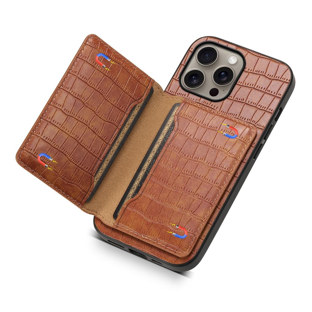 For iPhone 16 Pro Max Case Card Holder Kickstand Crocodile Texture Leather Back Phone Cover