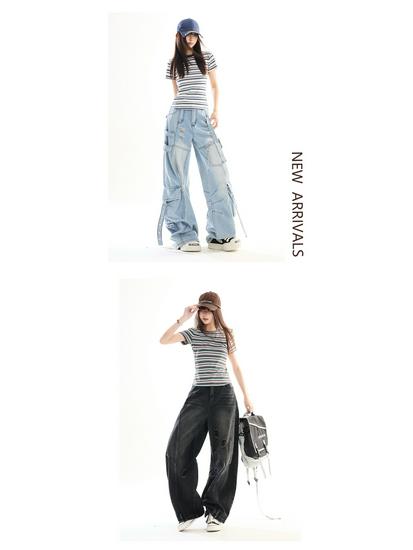 Retro Striped Slim Fit Cropped Short Sleeve T-shirt - Early Spring Petite Millennium Style
