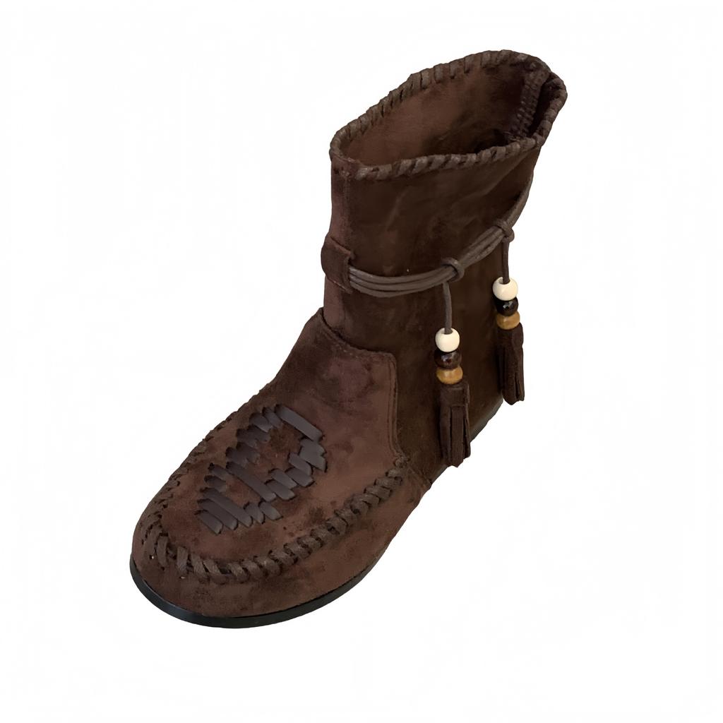 2025 Autumn New Retro Strap Fringed Boots Bosmian Flat Bottom Short Boots Women