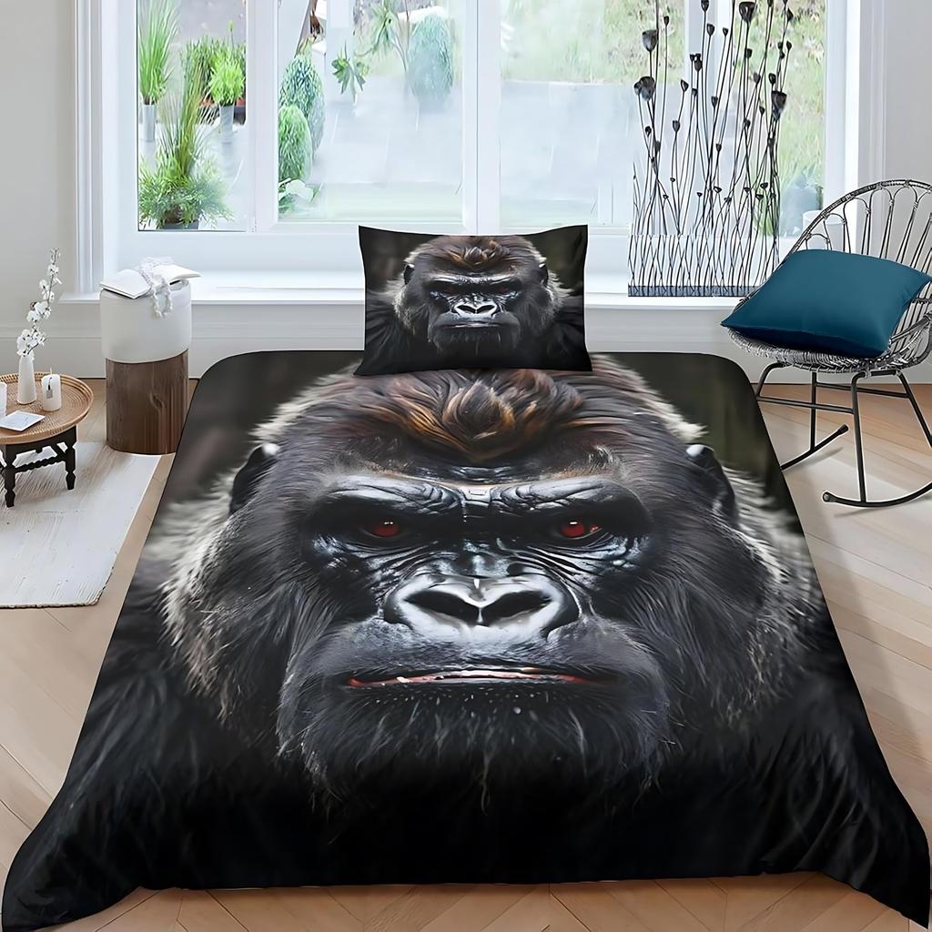 3D Gorilla Bettbezug Kopfhörer Gorilla Bettwäscheset Wildtiermuster Bettdeckenbezug Aquarell Blau Polyester Steppdeckenbezug