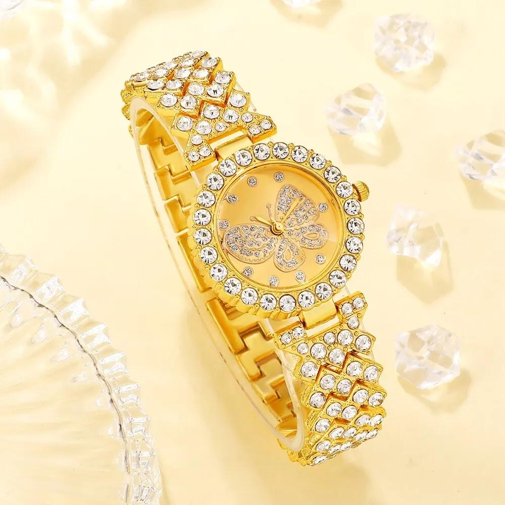 Fashion Faux Three-eye Watch with Inlaid Diamond Steel Strap for Women; Quartz Jewelry Watch Set Without Gift Box, Suitable for