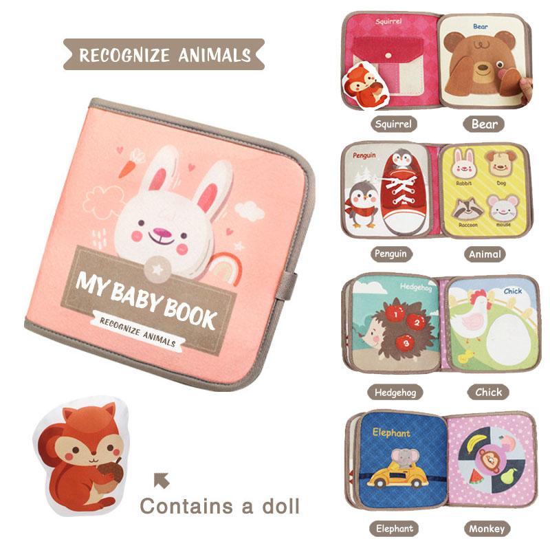 Montessori Busy Book Baby Early Education Puzzle Toy Animal Cognitive Fabric Repeated Paste Quiet Activity Book with Life Skills