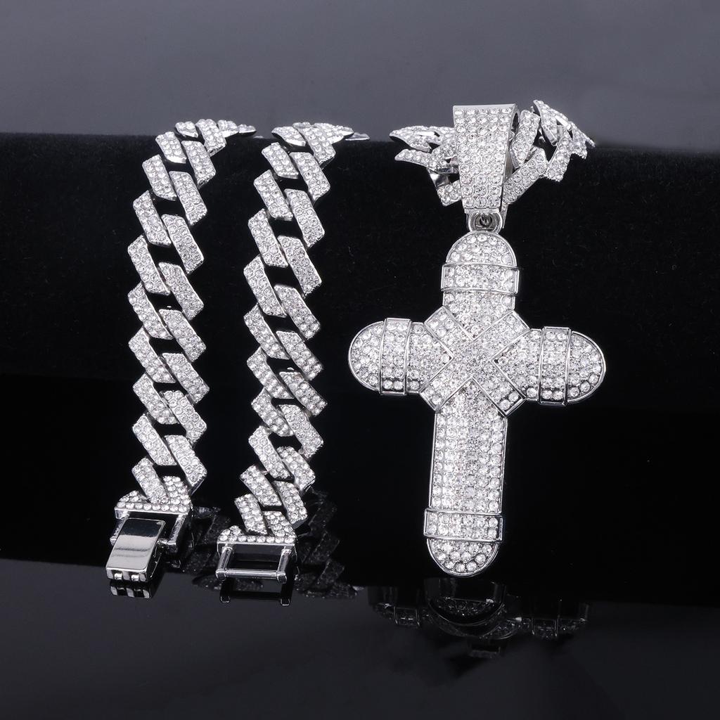 New Hot-selling Alloy Full Diamond Bundled Cross Pendant, Fashion Trend Rap Men's Hip-hop Cuban Necklace