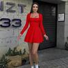 European & American Women's Square Neck Long Sleeve Slim Fit Short Dress - Beach Vacation Style