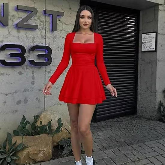 European & American Women's Square Neck Long Sleeve Slim Fit Short Dress - Beach Vacation Style