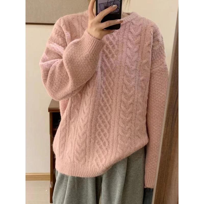 Crew Neck Retro Twisted Sweater Women's Autumn and Winter New Solid Color Lazy Wind Loose Thick Pullover Bottoming Knitted Sweater