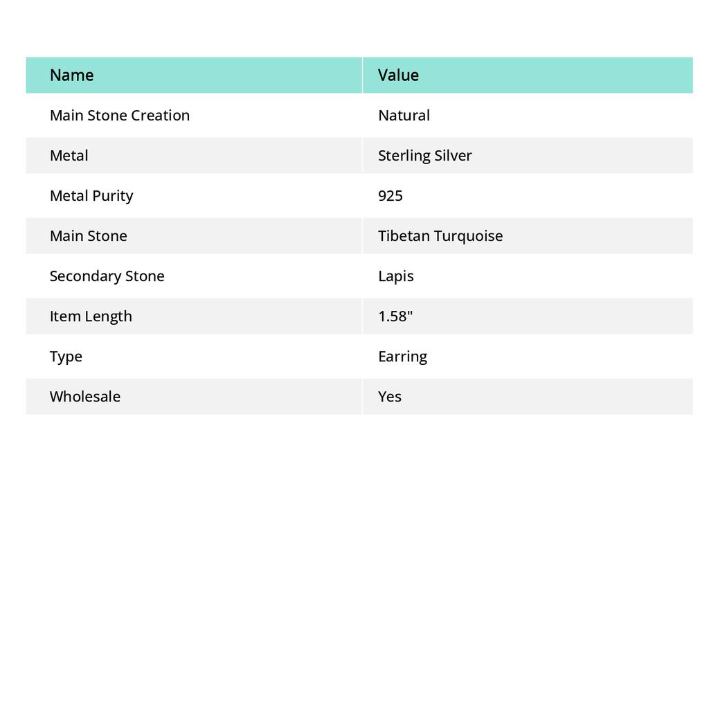 Natural Tibetan Turquoise, Lapis 925 Sterling Silver Jewelry Earring 1.58" U5M71