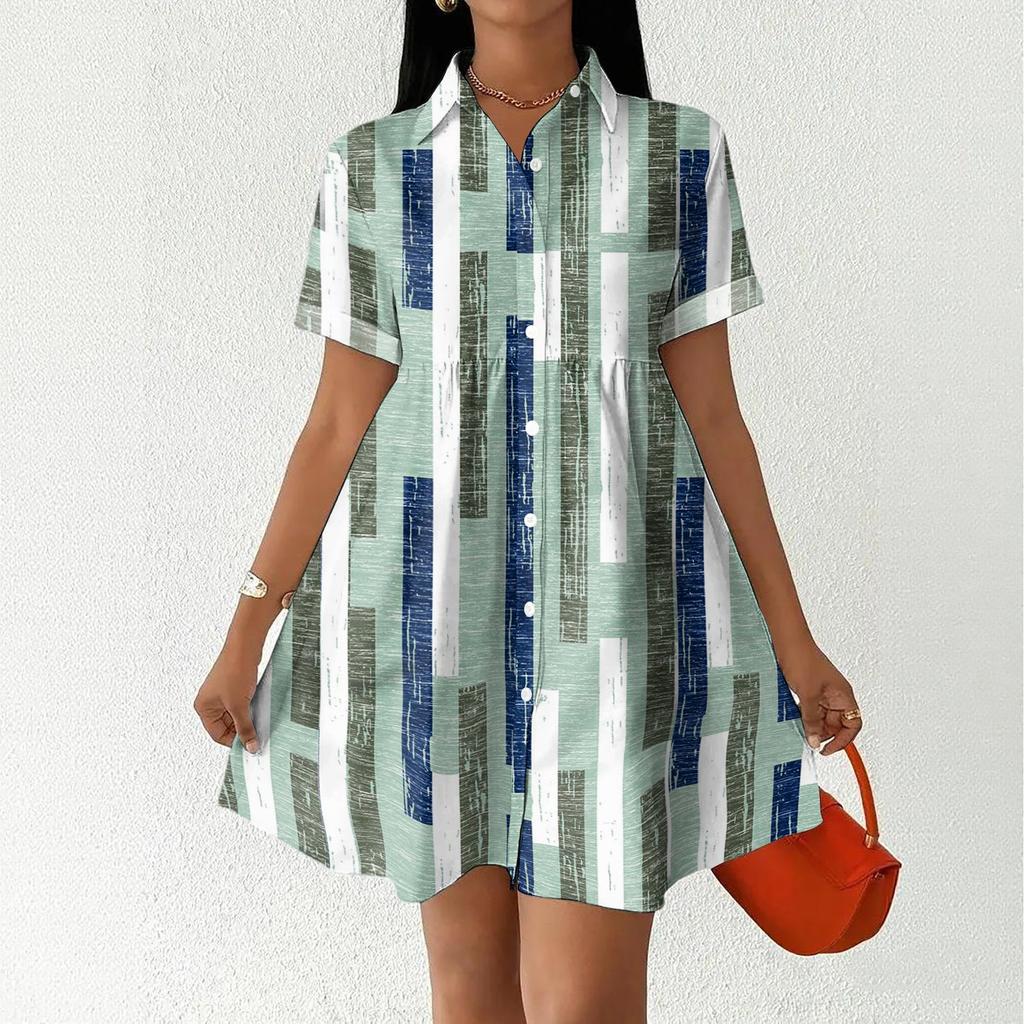 Women's Casual Loose Fit Shirt Dress Button Front Stand Collar Short Sleeve Polka Dot Patterned Dress for Everyday Wear