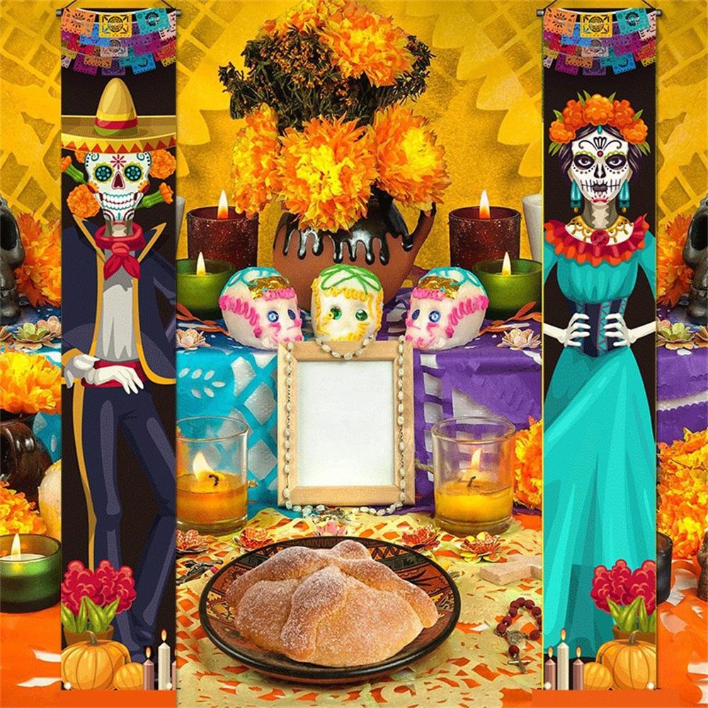 Skeleton Couple Couplet Festive Halloween Hanging Door Curtain Party Decoration Hanging Flags Mexican Porch Sign For Doorway