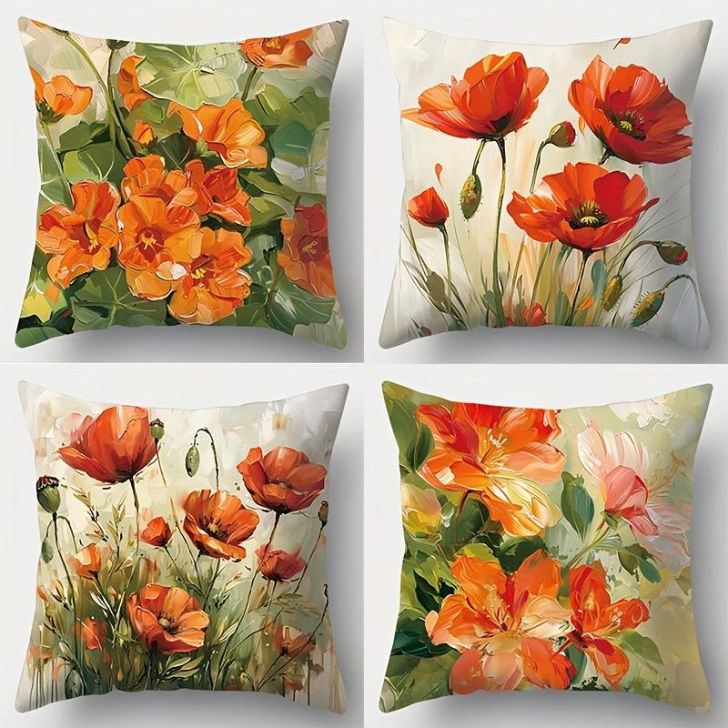 Floral Poppy Patterned Cushion For Home Decor Polyester Pillowcase, Sofa Decorative Cushion Cov Headboard Pillow