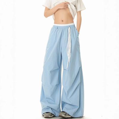 Light Blue High-waisted Overalls Women's Summer New Lazy Wind Wide-leg Loose Casual Sports Paratrooper Pants