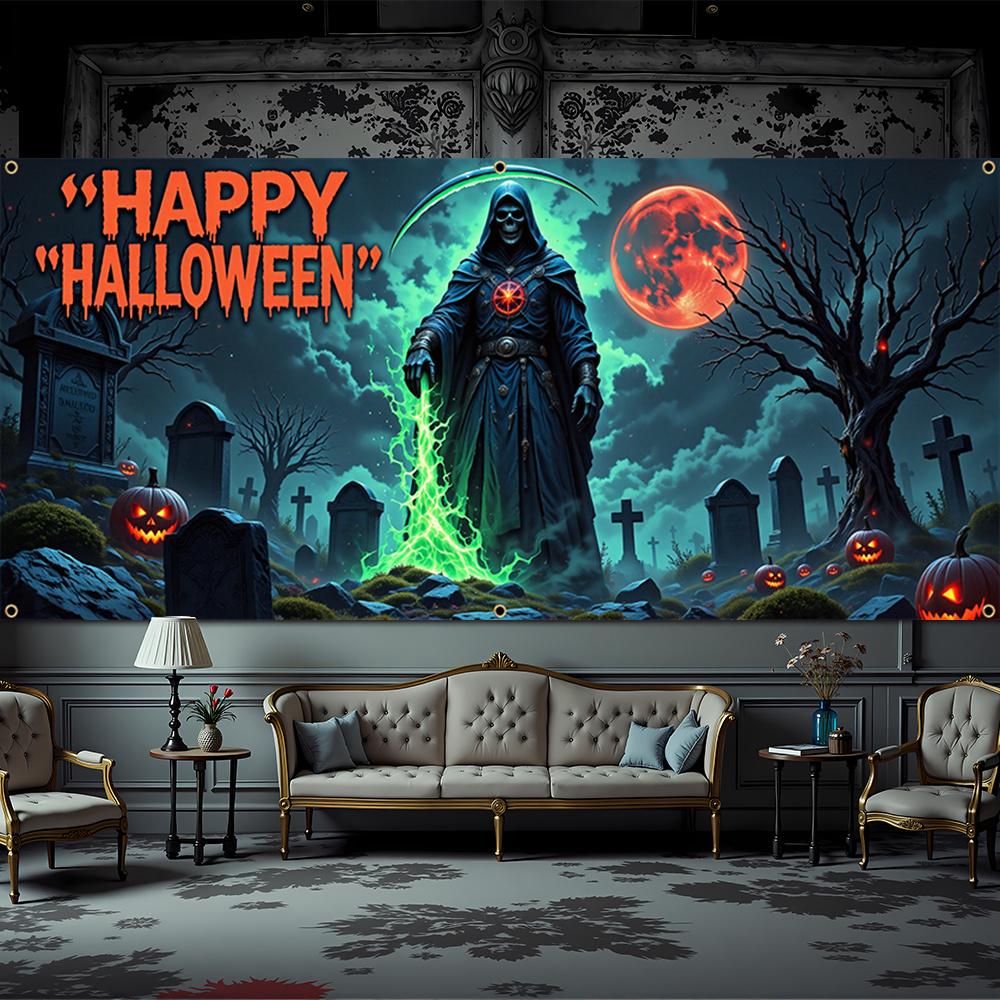 Large Halloween Grim Reaper Garage banner - Eerie cemetery scene with Jack-o '-lanterns durable polyester wall decorations