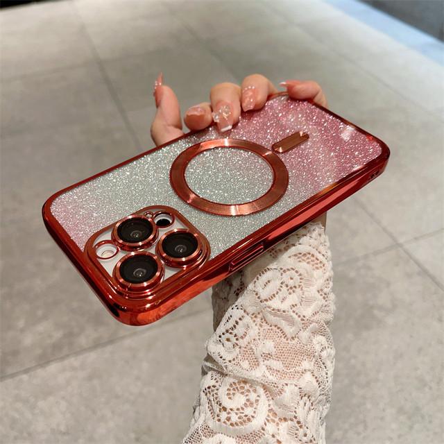 Glitzernde magnetische kabellose Ladehülle für iPhone 14 13 12 11 Pro Max Xs Max Xr X 14 Plus, stoßfeste, durchsichtige Beschichtung