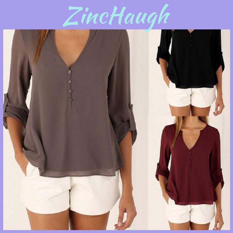 Women Casual Sexy Deep V Neck Chiffon Blouse Shirt With Slim Waist And Long Sleeves