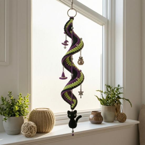 Decoração de Festival Interno Halloween Ornamento Pendurado Espiral de Crochê Kit DIY, Abóbora Fantasma Morcego Padrões Fáceis Gato Preto Artesanato Completo, Decoração de Feriado