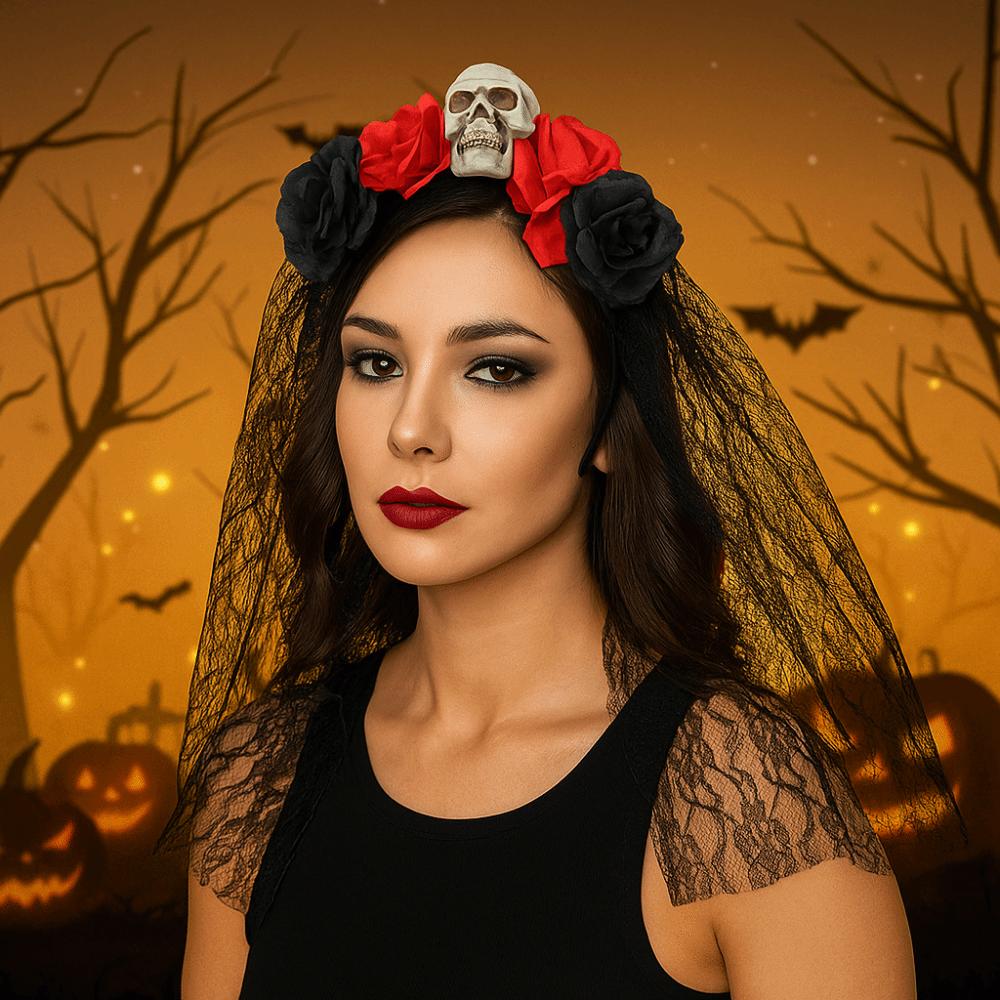 Lace Rose Skull Hair Band Black Cosplay Headdress Funny Halloween Headband  Prop