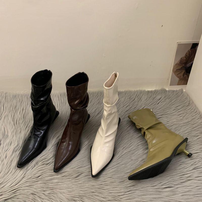 French temperament high heel thin short boots women's shoes 2025 summer brown pointed small bare boots spring and autumn single boots