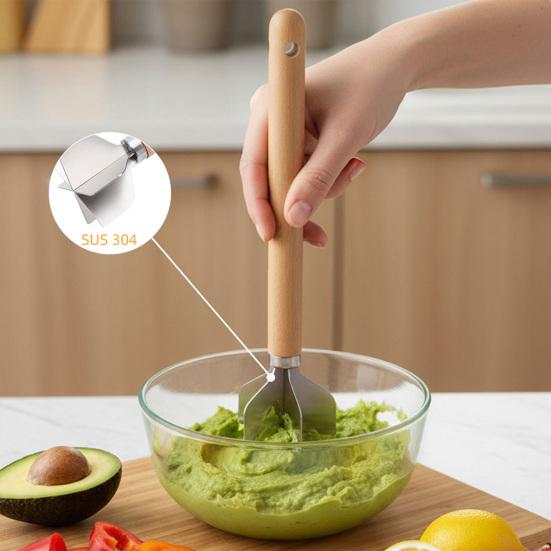 304 Stainless Steel Meat Masher 6-Blade Meat Chopper with Wooden Handle Easy to Clean Potato And Vegetable Masher for Kitchen Cooking And Mixing