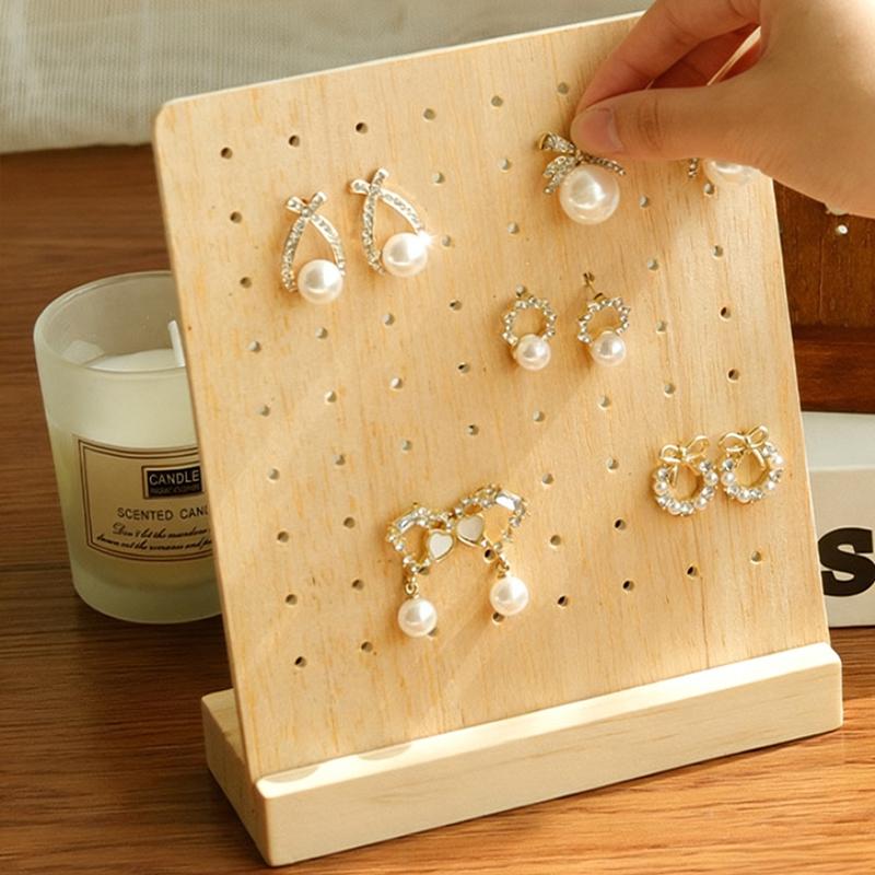 72 Holes Wooden Earrings Display Stand Desktop Ear Stud Dangle Earring Holder Jewelry Storage Rack Counter Showcase Prop