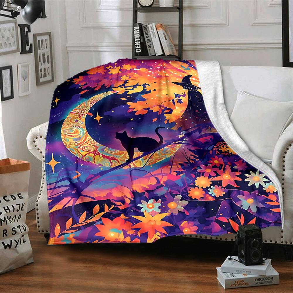 1pc Moon Witch Cat Blanket, Lightweight Flannel Throw Blanket for Sofa, Bed, Travel, Camping, Living Room, Office, Couch, Chair, and Bed