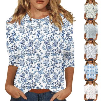 Camiseta holgada con estampado de manga 3/4 y cuello redondo informal a la moda para mujer