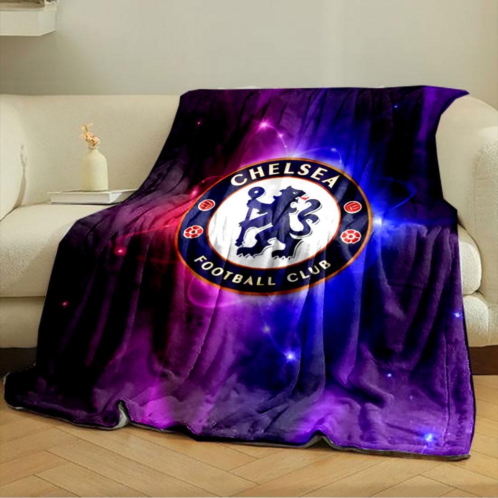 Blue and red glowing swirls surround a circular Chelsea Football Club logo. for all seasons blanket lunch break throw gift