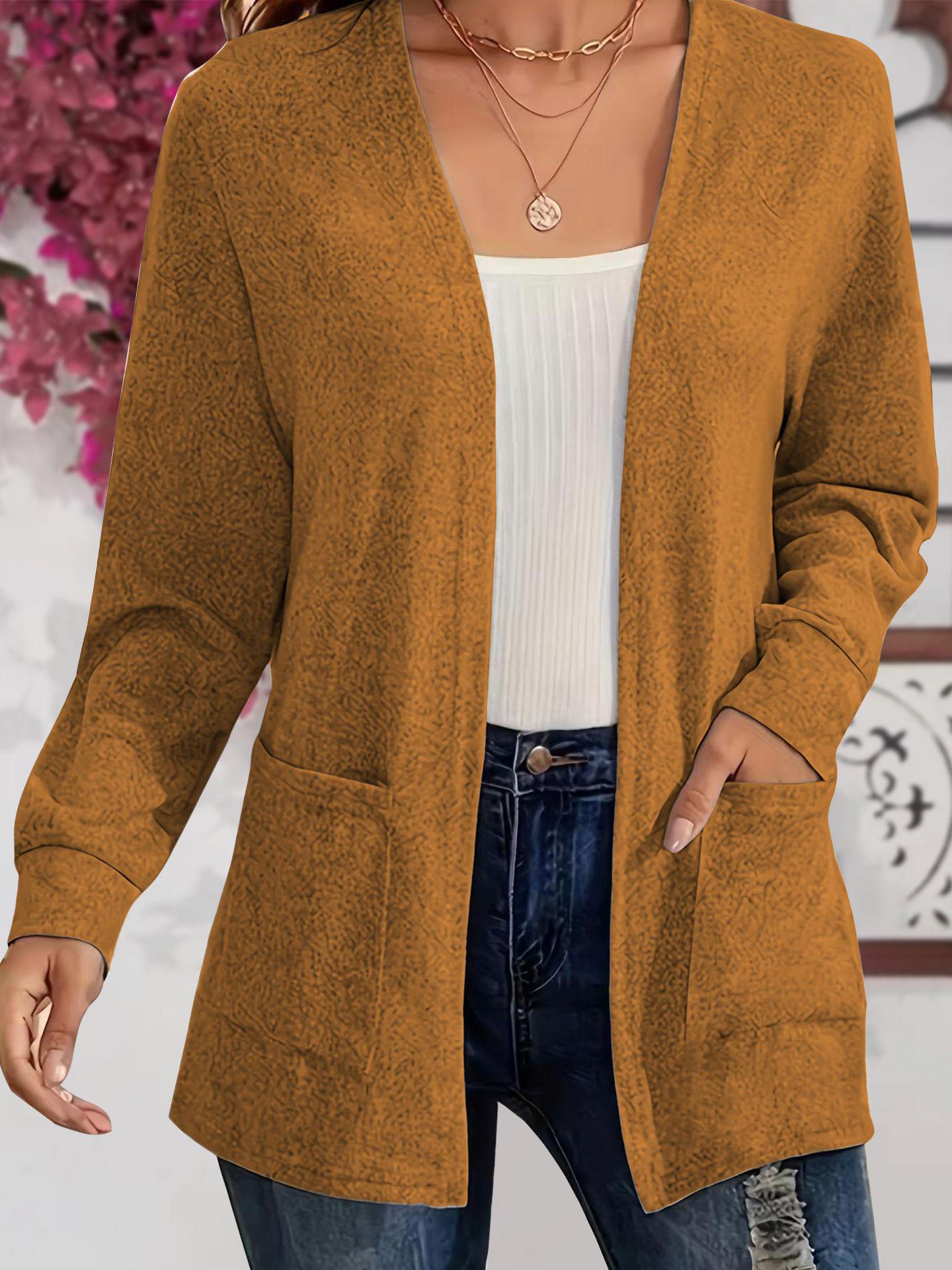 

Elegant Pocket Long Sleeve Knitted Cardigan - 2026 Autumn Collection S темно-коричневого