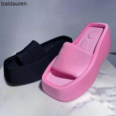 Platform Women Slippers Summer Square Toe Brand Satin Sandals WomenSexy High Heels Shoes Beach Sandals