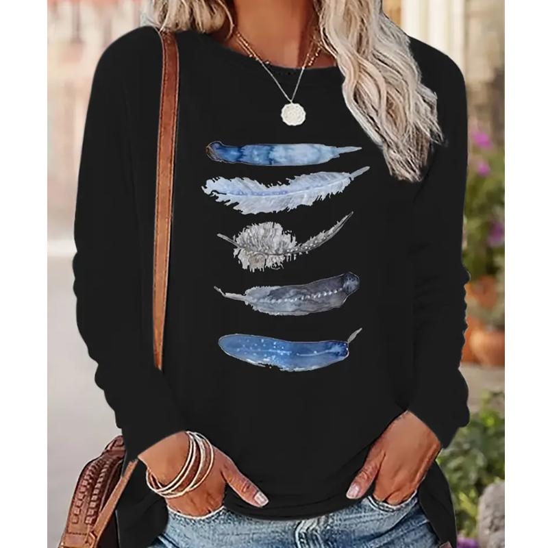 

2025 Autumn & Winter Women s New Casual Crew Neck Long Sleeve Top 3D Feather Pattern 8XL чёрный