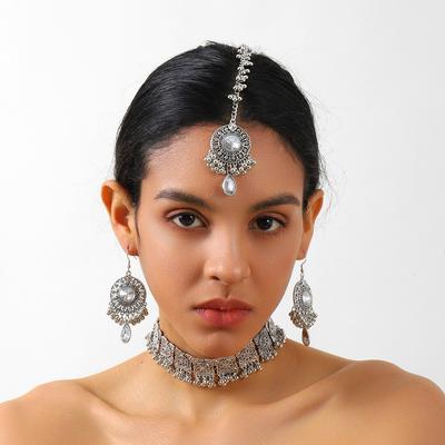 Zircon Round Fringed Water Drop Set Female, Retro Ethnic Style Earrings, Necklace, Headgear Three-Piece Set