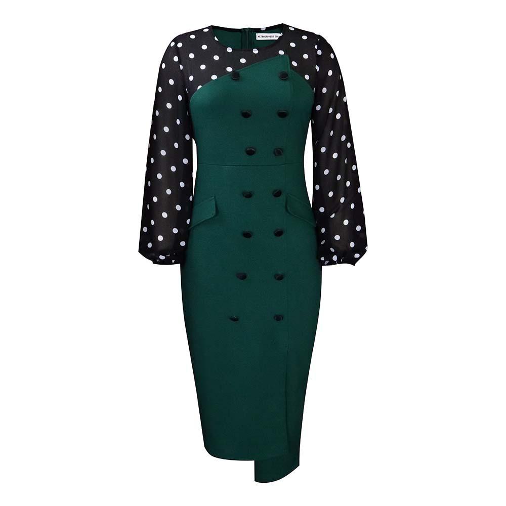 

Женское платье большого размера на весну и осень, модное лоскутное платье в горошек, женское цельное элегантное платье-футляр с круглым воротником S зелёный