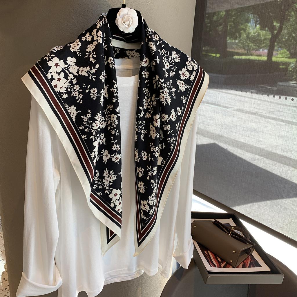 Korean Triangular Fart Curtain Waist Twill Silk Scarf Flower Versatile Basic Scarf Scarf Shawl Women