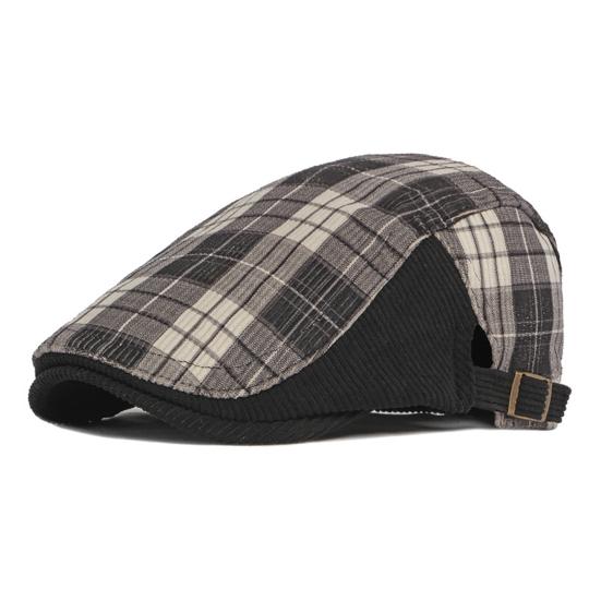 

Plaid Print Patchwork Color Adjustable Buckle Beret Hat Flat Peaked Male Forward Cap чёрный