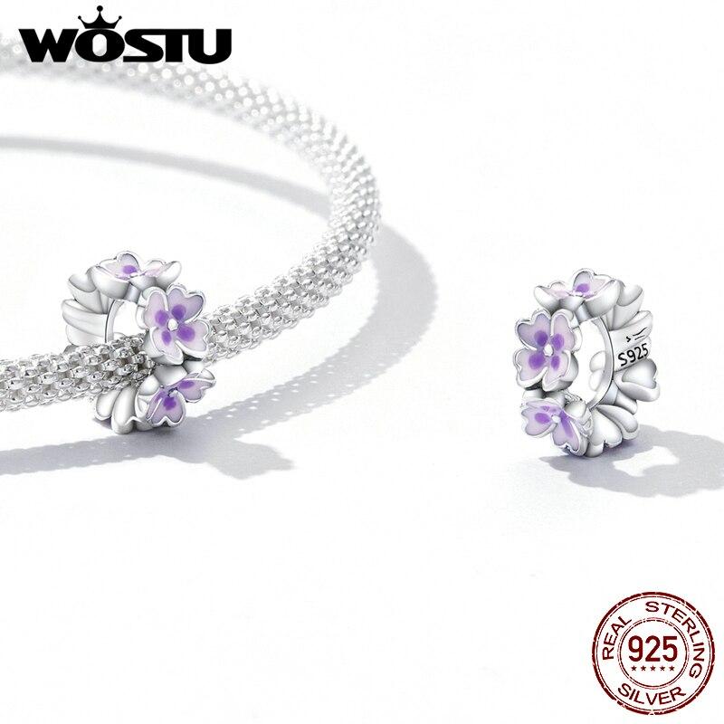 

WOSTU стерлингового серебра 925 пробы фиолетовый цветок-проставка подвеска из бисера подходит оригинальный браслет ожерелье для женщин ювелирные изделия 925 silver